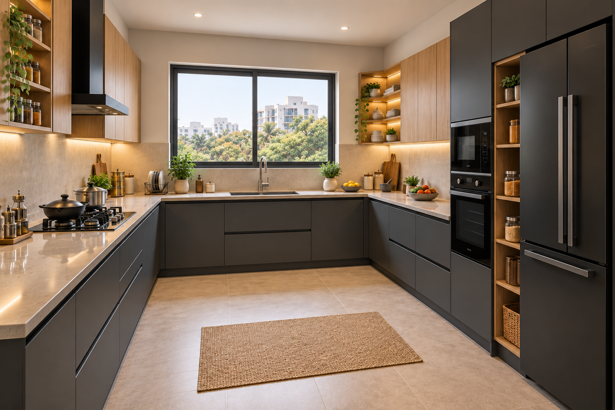 Second angle of Atlas charcoal and oak U-shape kitchen