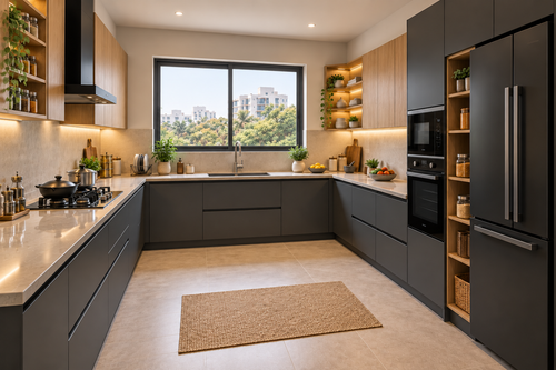 Second angle of Atlas charcoal and oak U-shape kitchen