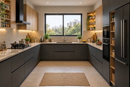 Atlas charcoal and oak U-shape modular kitchen