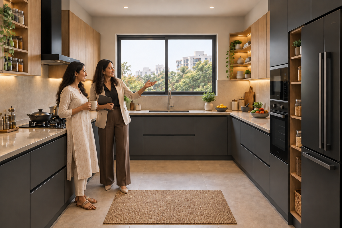 Two Indian women admiring Atlas modular kitchen