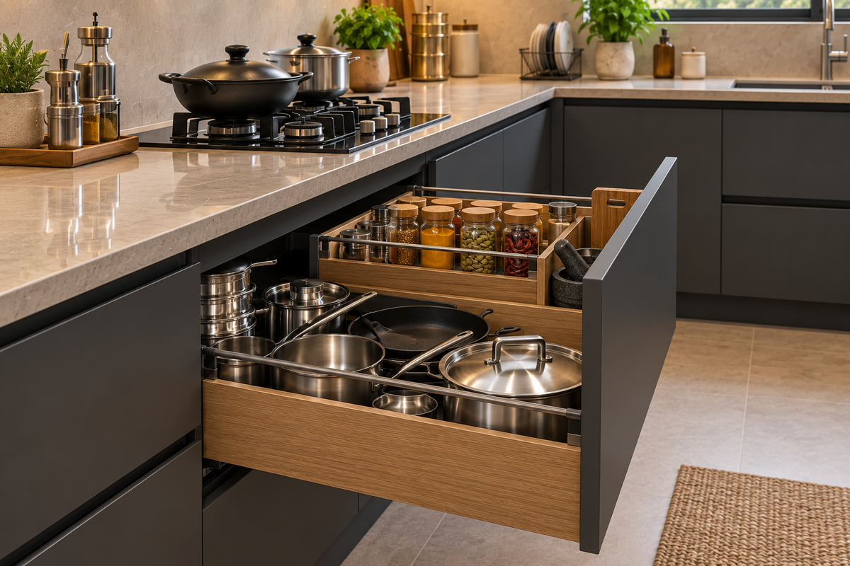 Indian cookware storage detail in Atlas kitchen