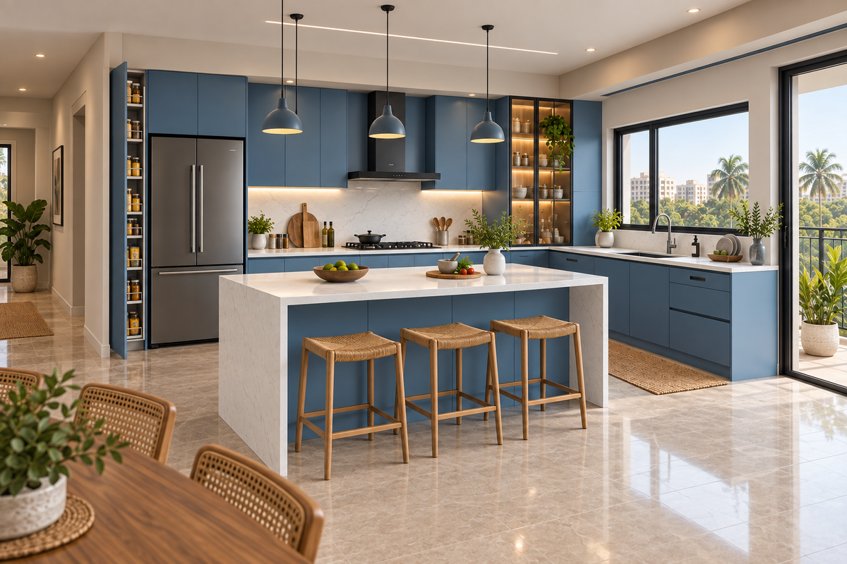 Second angle of Azure Island modular kitchen in Azure Blue & White Quartz