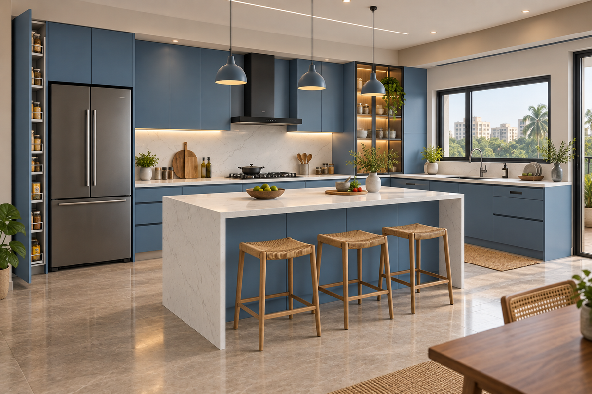 Azure Island modular kitchen in Azure Blue & White Quartz by Right Work Interior Bangalore