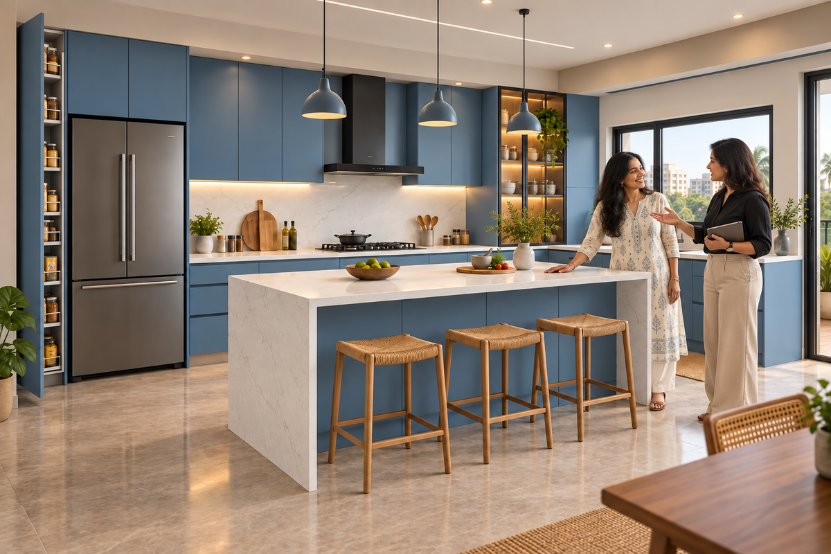 Indian homeowners with the Azure Island modular kitchen in Azure Blue & White Quartz