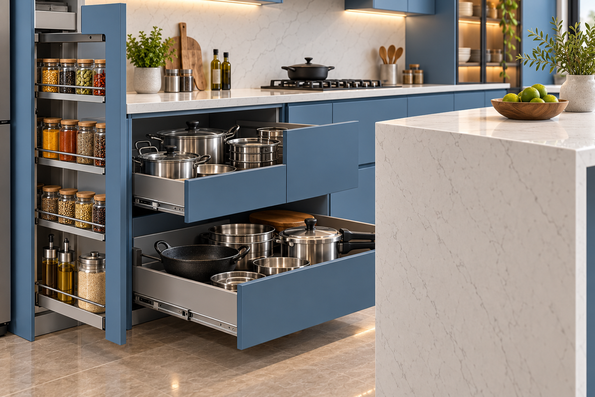 Cabinet and storage detail in Azure Island modular kitchen