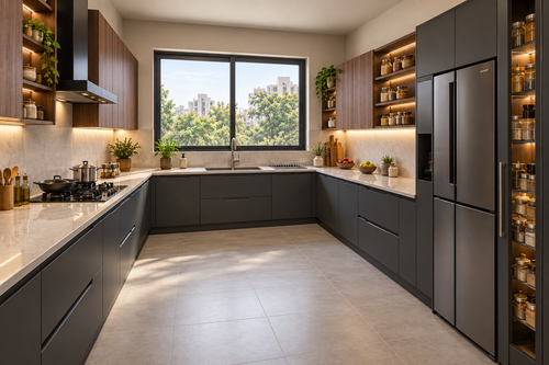 Second angle of Baron U-Shape modular kitchen in Graphite & Walnut