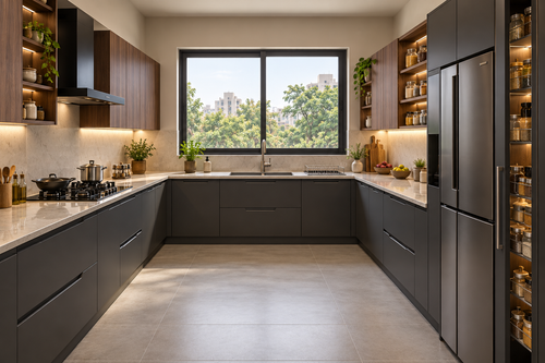 Baron U-Shape modular kitchen in Graphite & Walnut by Right Work Interior Bangalore