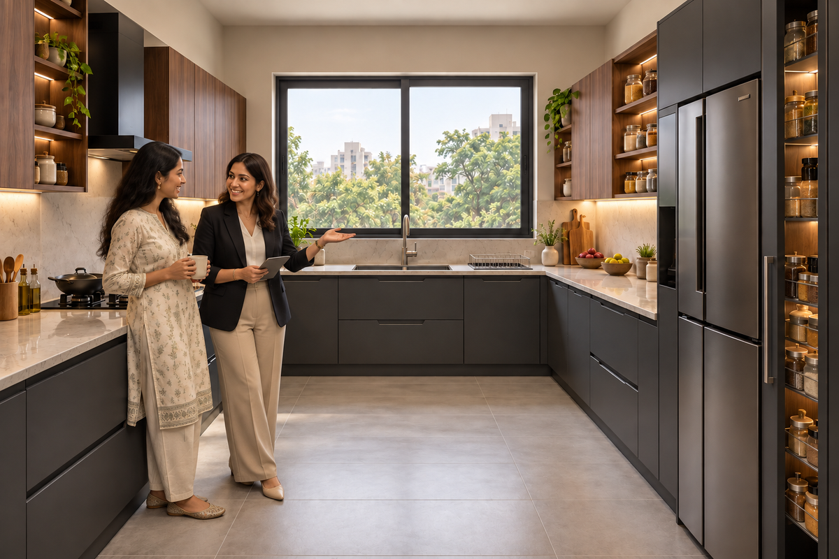 Indian homeowners with the Baron U-Shape modular kitchen in Graphite & Walnut