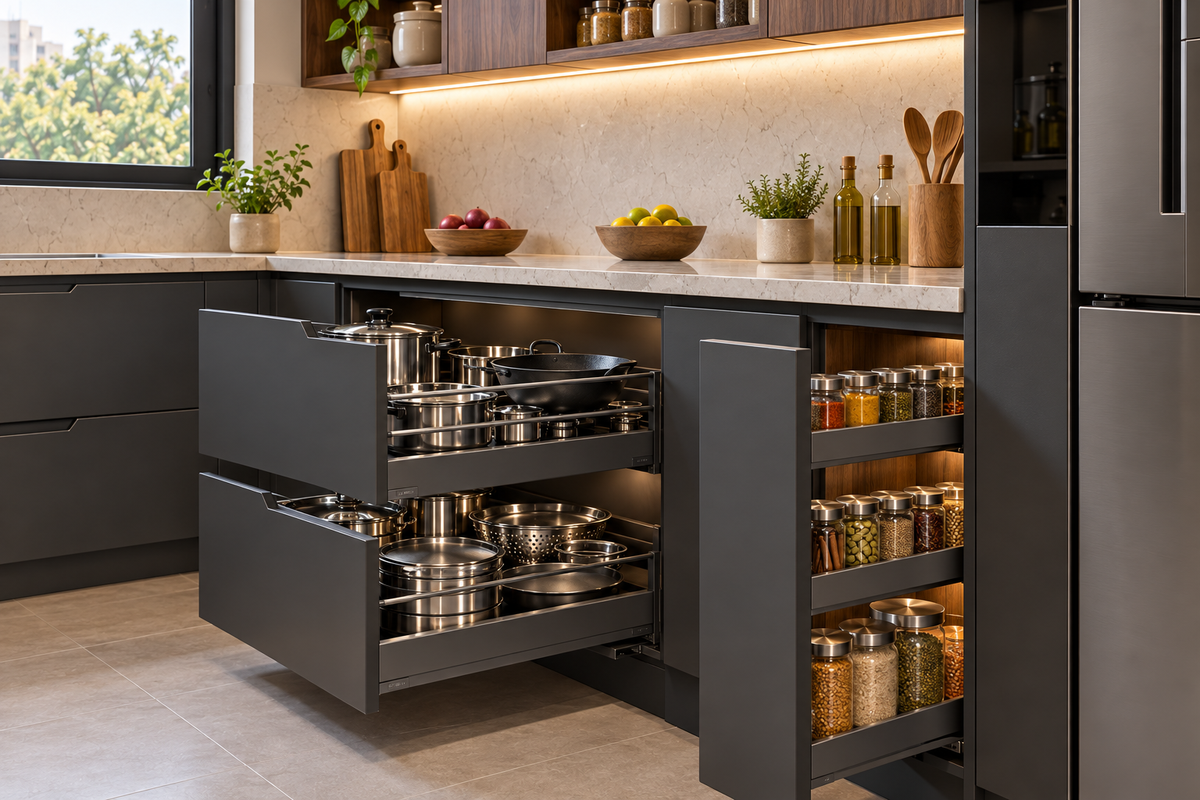 Cabinet and storage detail in Baron U-Shape modular kitchen