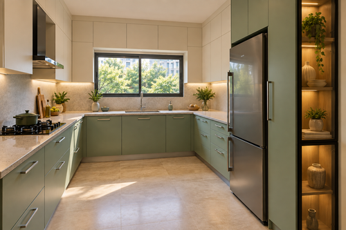 Second angle of the sage kitchen with granite worktops and tall storage