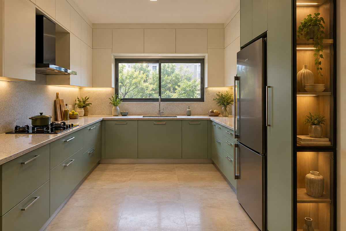 Sage U-shaped kitchen with tall pantry and black framed glass display