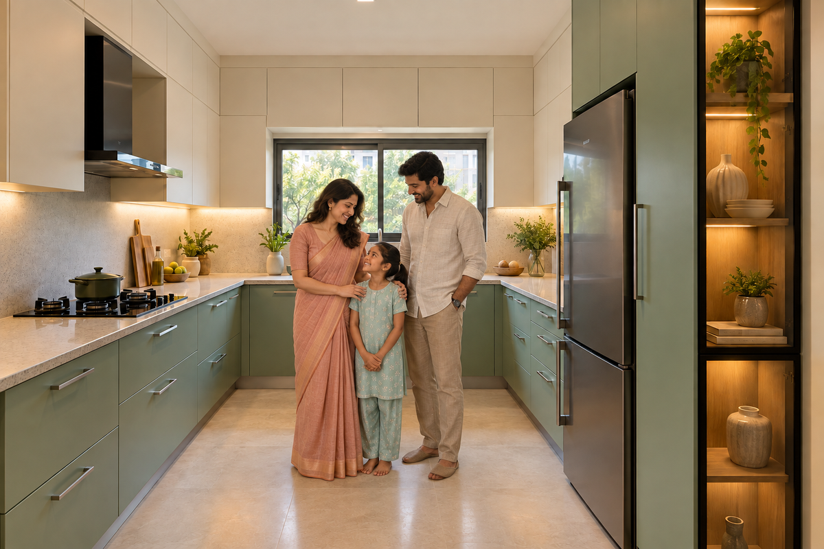 South Indian family smiling together in a sage U-shaped kitchen