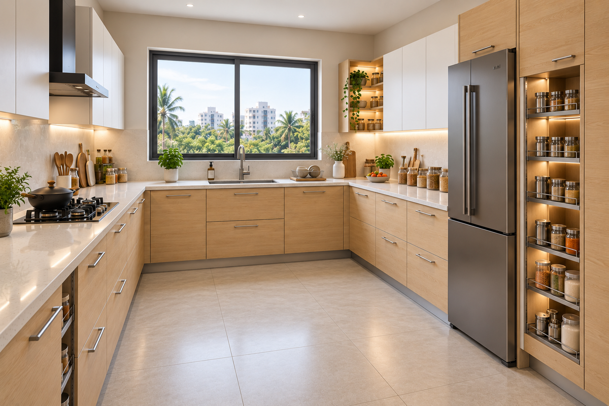 Second angle of Birch U-Shape modular kitchen in Birch & White