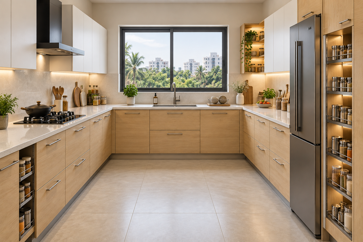 Birch U-Shape modular kitchen in Birch & White by Right Work Interior Bangalore