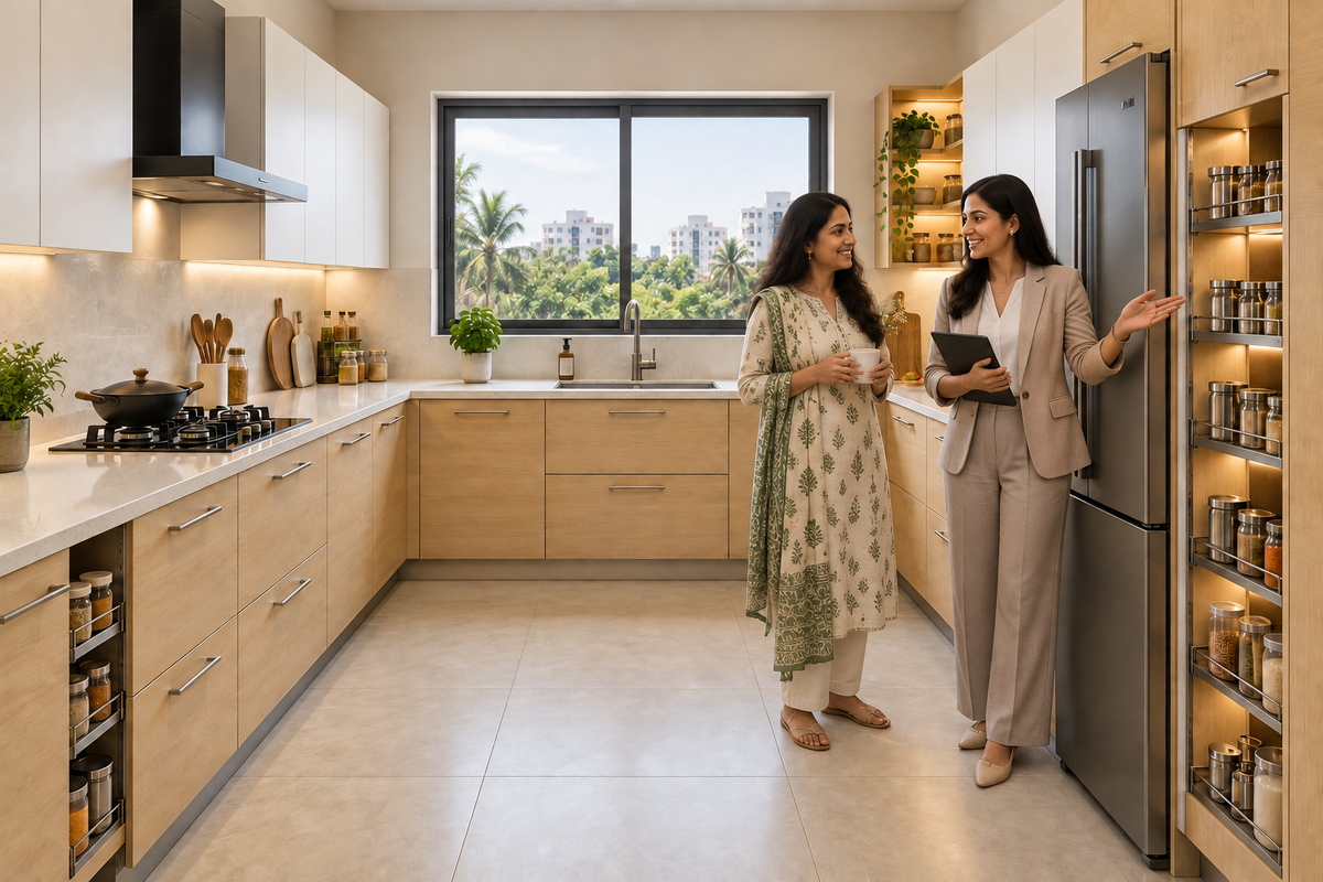 Indian homeowners with the Birch U-Shape modular kitchen in Birch & White