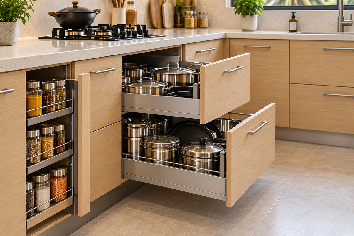 Cabinet and storage detail in Birch U-Shape modular kitchen