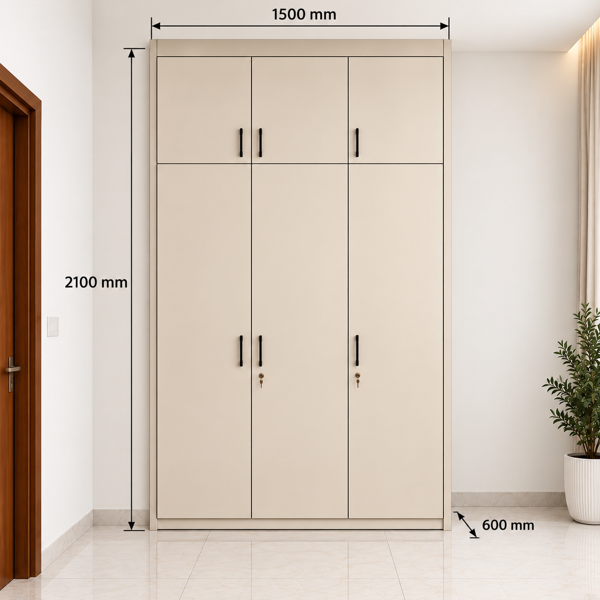 Cashmere Beige 3 Door Modular Wardrobe 1500 x 2100 x 600 mm Dimensions – Right Work Interior Bangalore