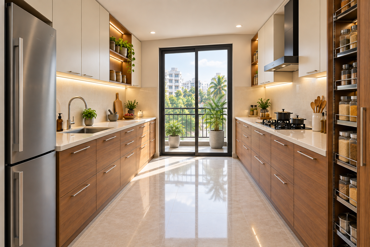 Second angle of Cedar Parallel modular kitchen in Teak & Cream