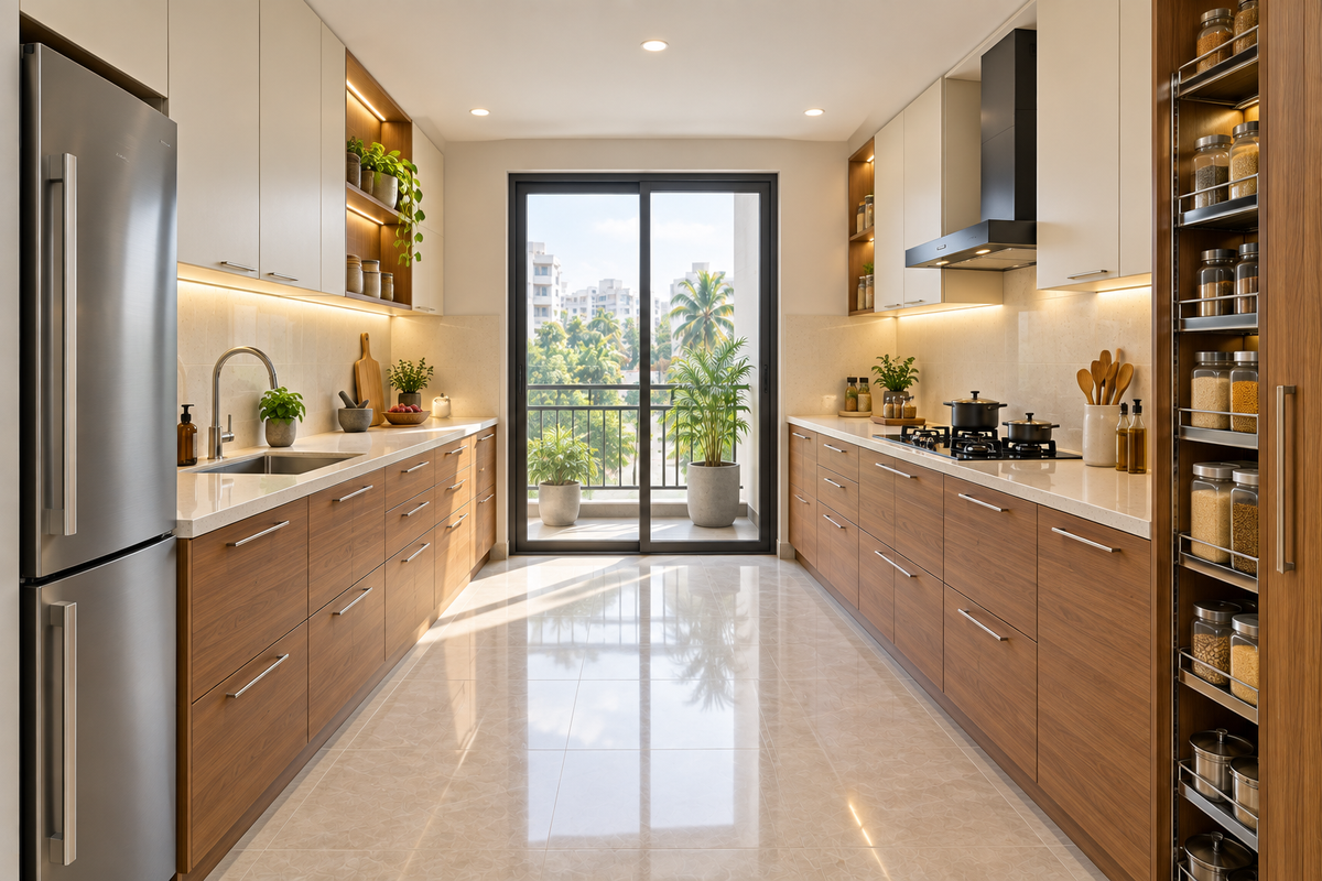 Cedar Parallel modular kitchen in Teak & Cream by Right Work Interior Bangalore