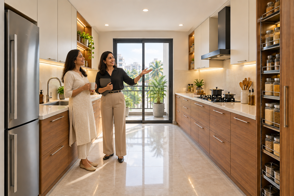 Indian homeowners with the Cedar Parallel modular kitchen in Teak & Cream