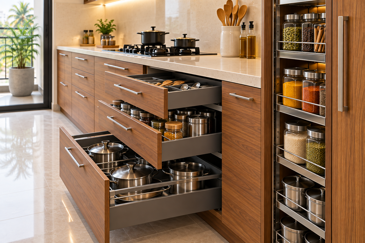 Cabinet and storage detail in Cedar Parallel modular kitchen