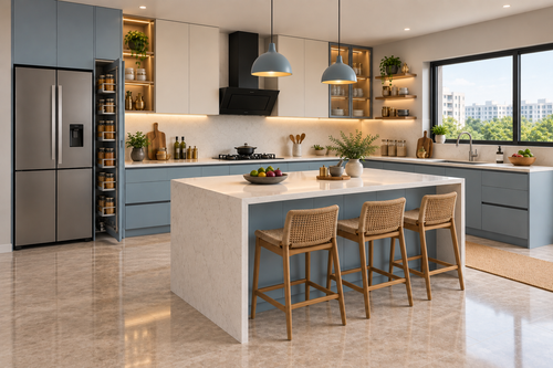 Second angle of Celeste Island modular kitchen in Celeste Blue & Ivory