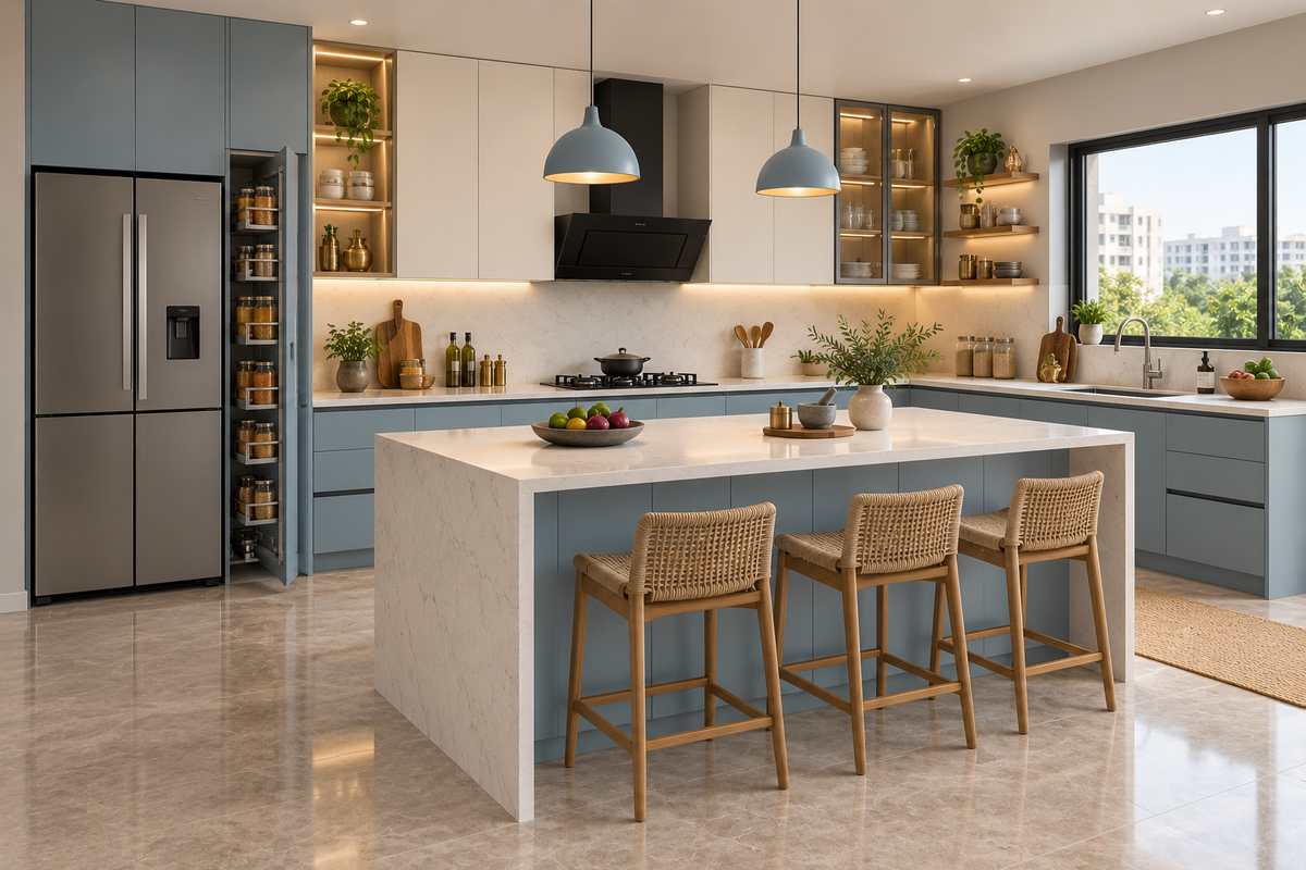 Celeste Island modular kitchen in Celeste Blue & Ivory by Right Work Interior Bangalore