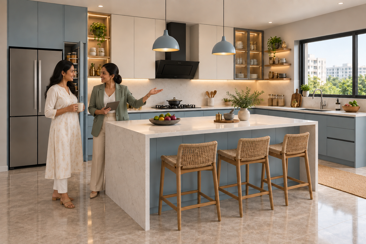 Indian homeowners with the Celeste Island modular kitchen in Celeste Blue & Ivory