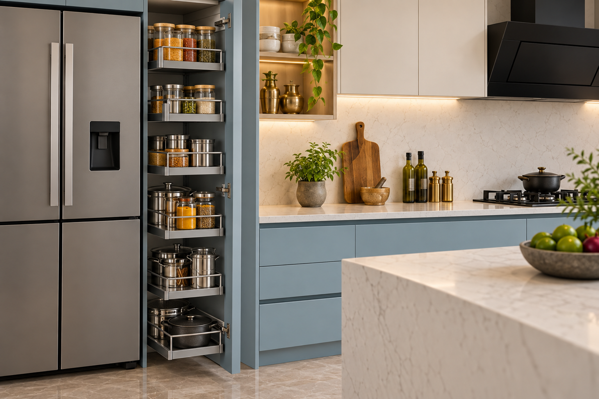 Cabinet and storage detail in Celeste Island modular kitchen