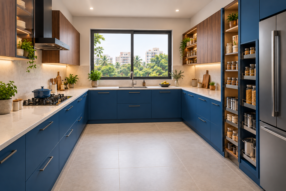Second angle of Cobalt U-Shape modular kitchen in Cobalt Blue & Walnut