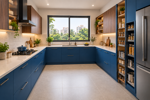 Second angle of Cobalt U-Shape modular kitchen in Cobalt Blue & Walnut