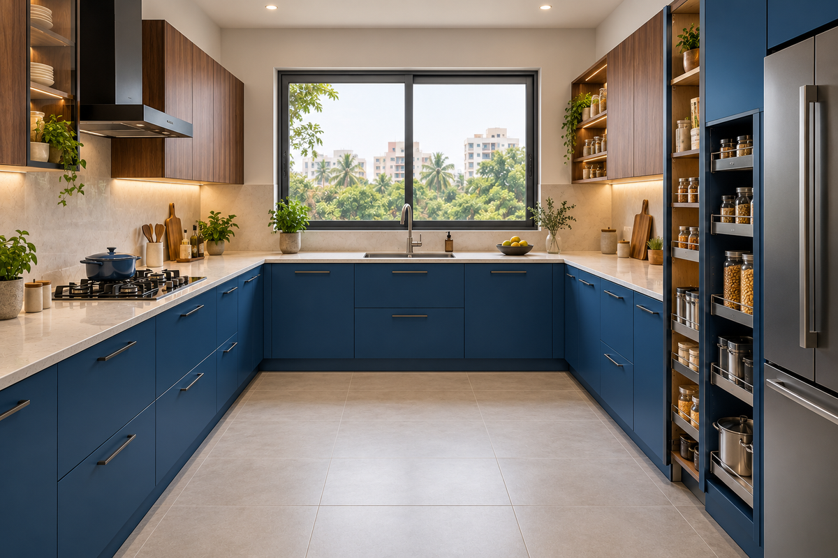 Cobalt U-Shape modular kitchen in Cobalt Blue & Walnut by Right Work Interior Bangalore