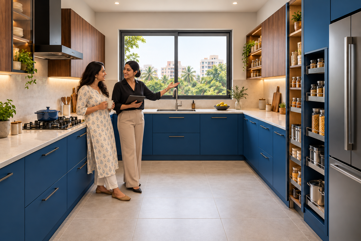 Indian homeowners with the Cobalt U-Shape modular kitchen in Cobalt Blue & Walnut