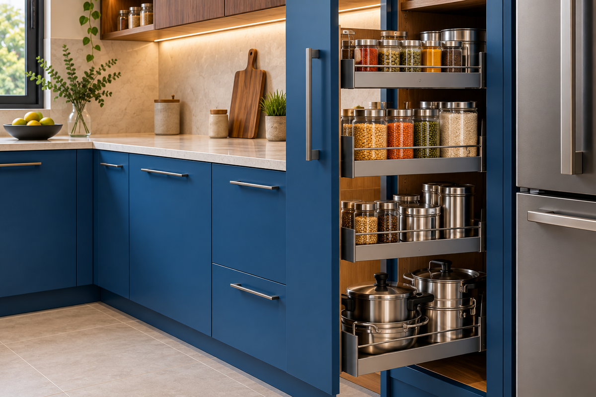 Cabinet and storage detail in Cobalt U-Shape modular kitchen