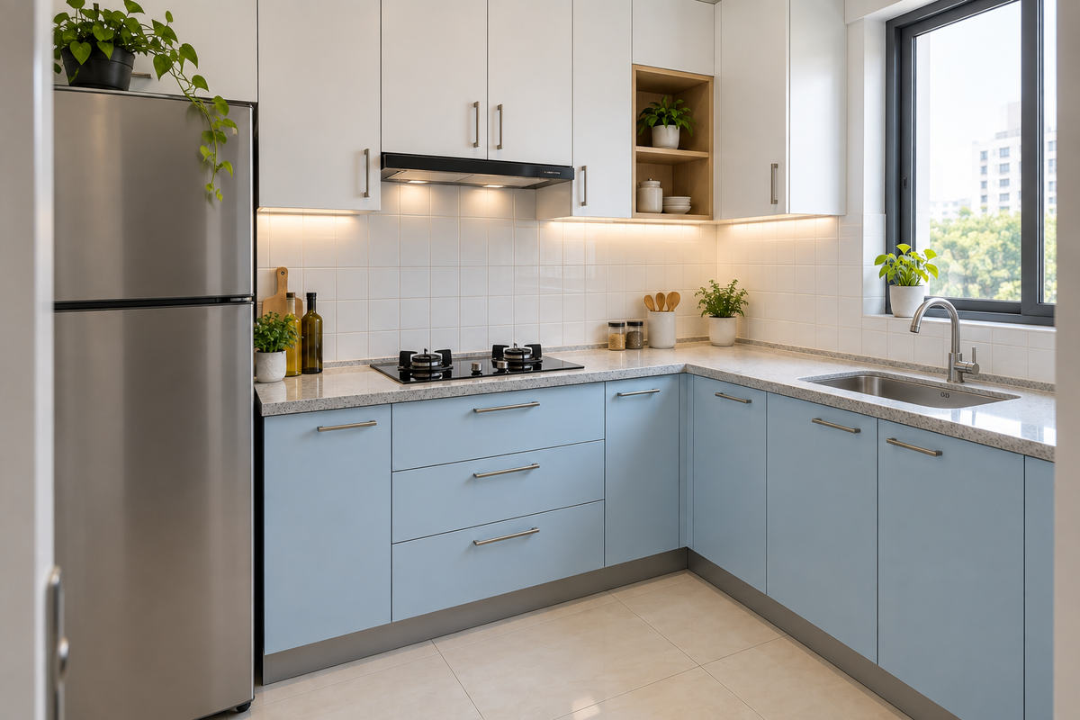 Angled view of a compact blue kitchen with a two-burner hob and window-side sink
