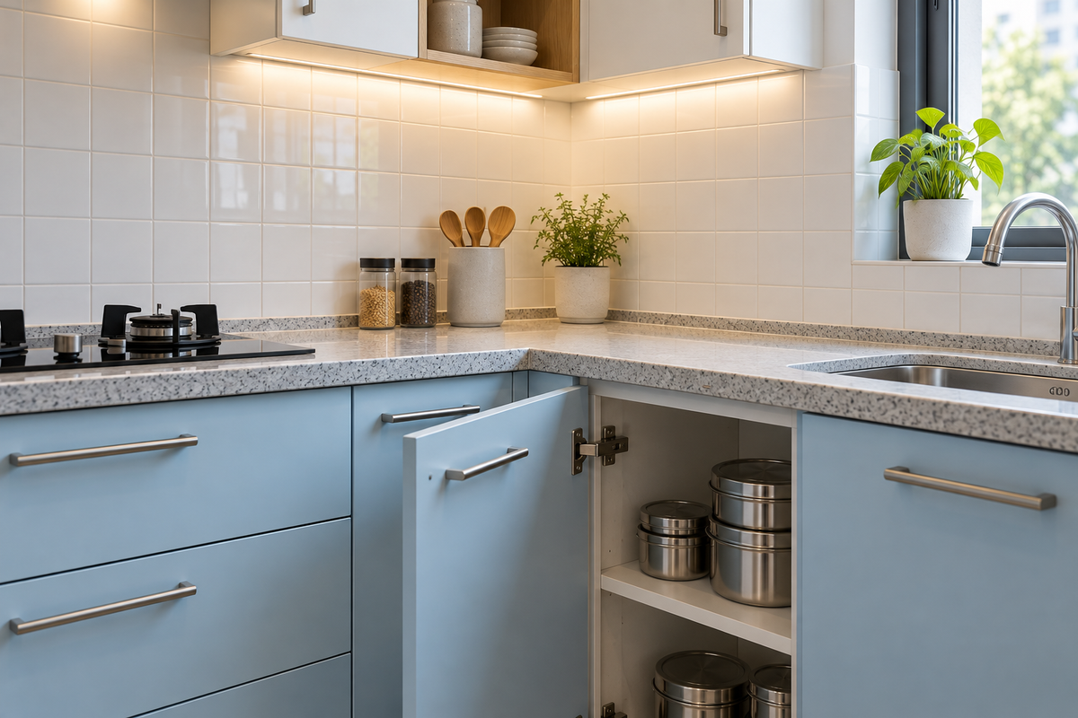 Open powder-blue kitchen cupboard with metal containers and a granite countertop