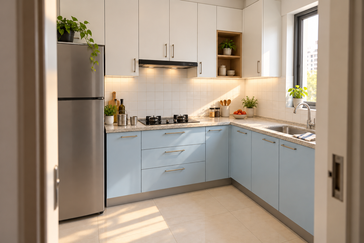 Compact blue kitchen concept with a steel tiffin box and everyday preparation items