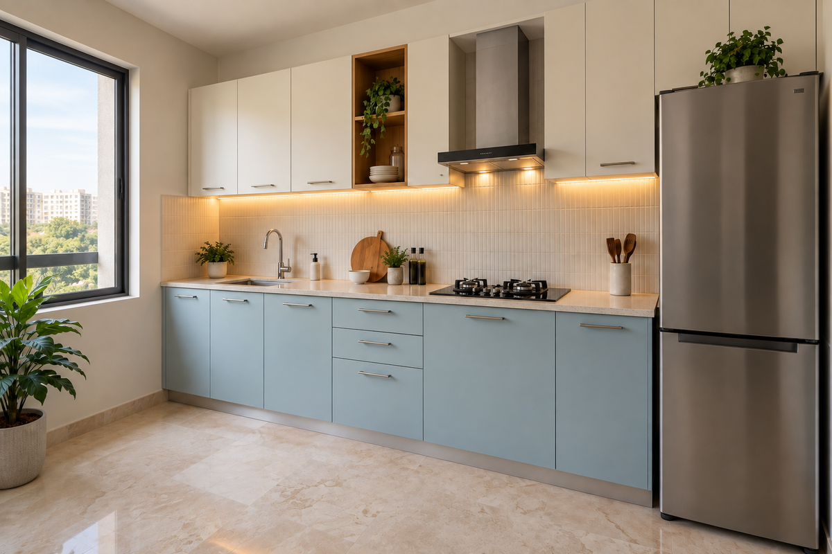Second angle of the pale blue kitchen with window and tall refrigerator