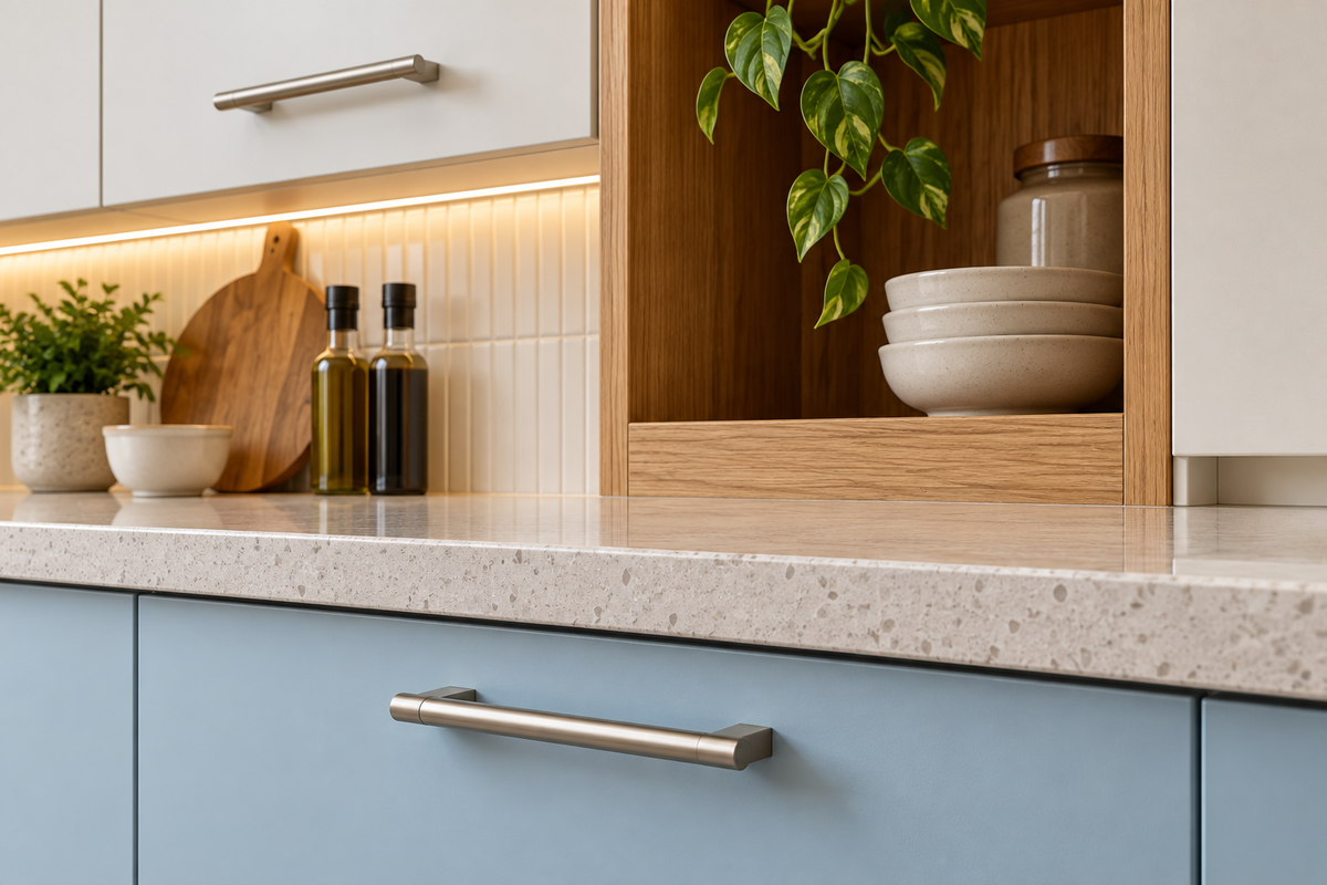 Nickel cabinet handle and pale blue shutter beneath a quartz countertop