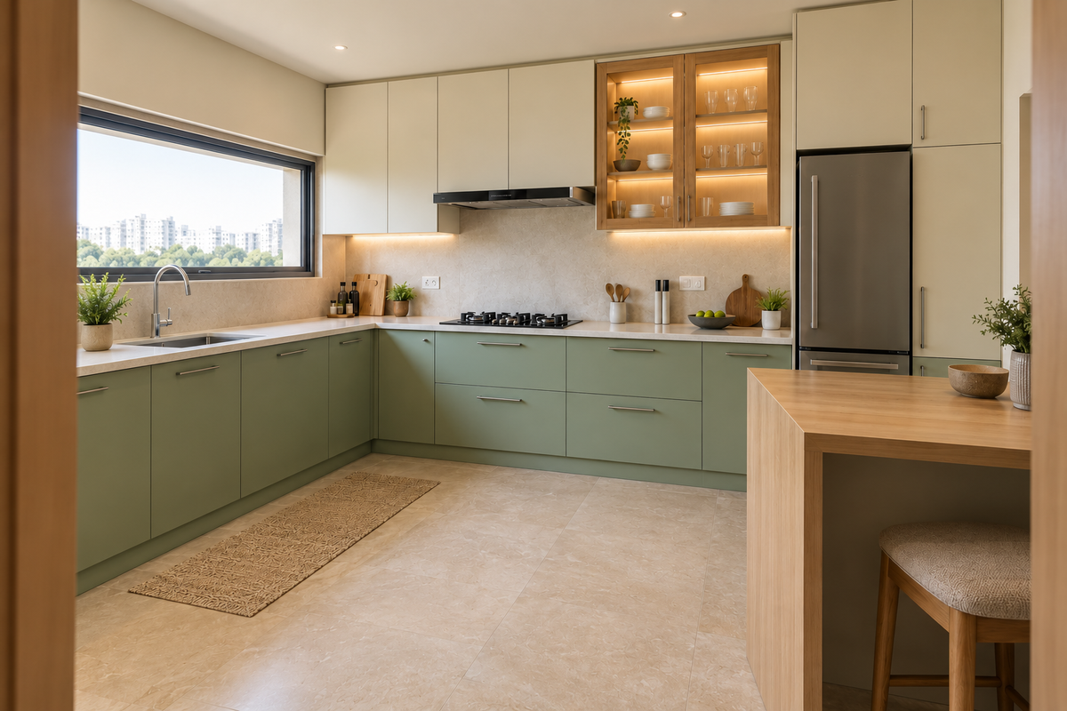 Angled view of the mint kitchen and oak breakfast seating