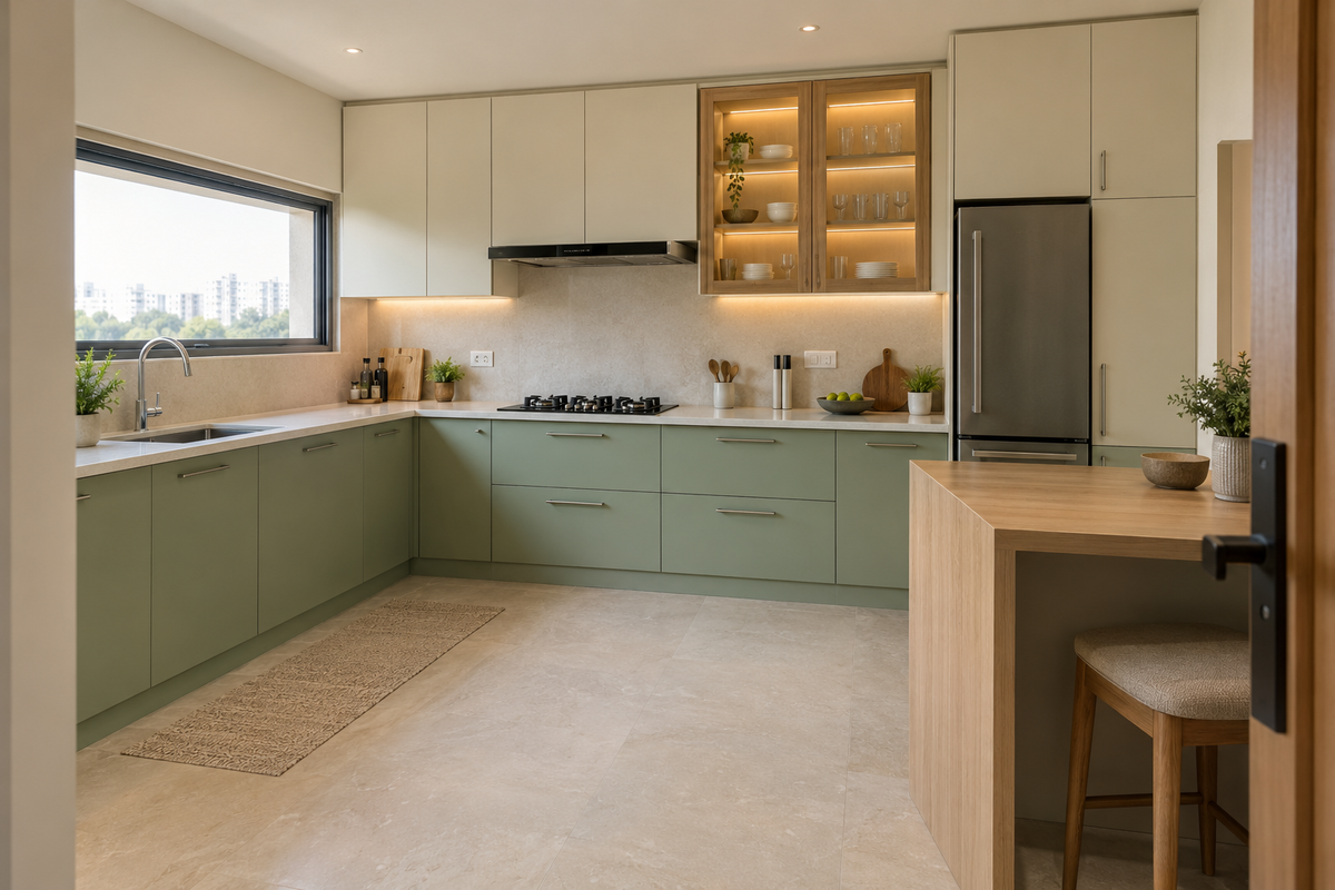Mint L-shaped kitchen with oak breakfast counter and glass wall cabinets