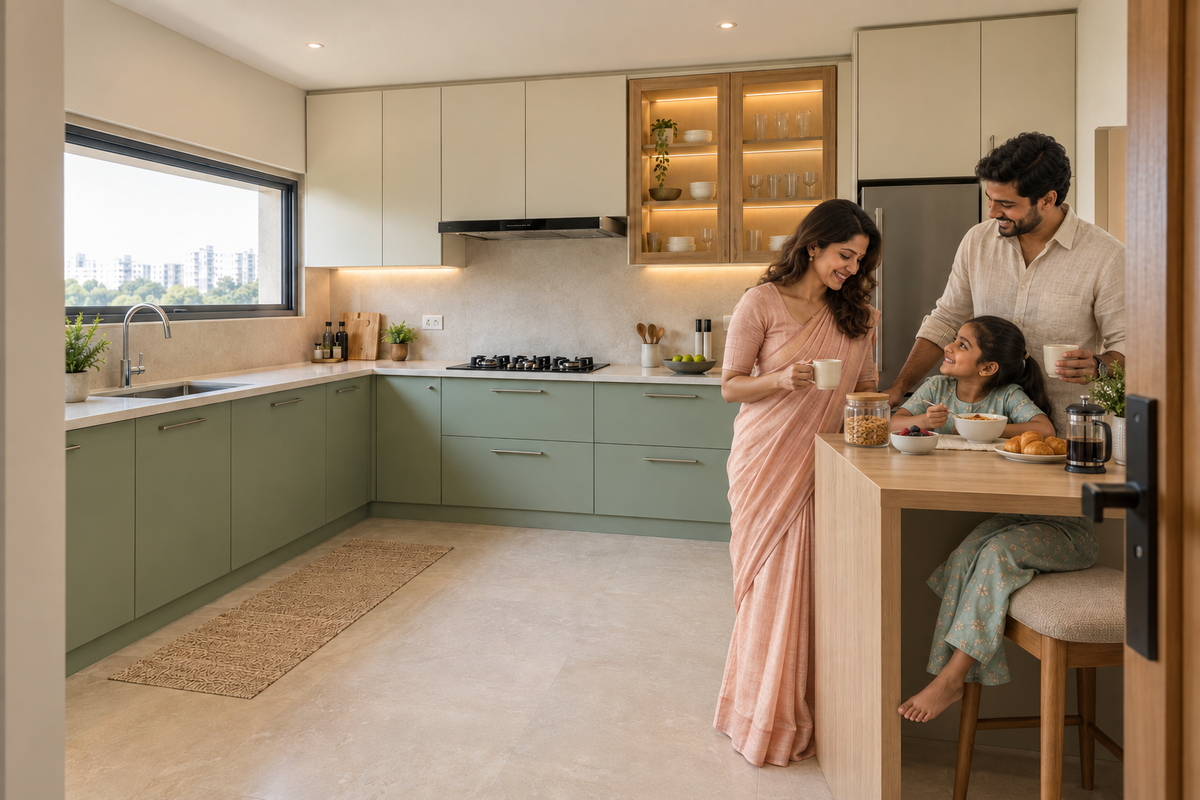 South Indian family enjoying their mint and oak kitchen