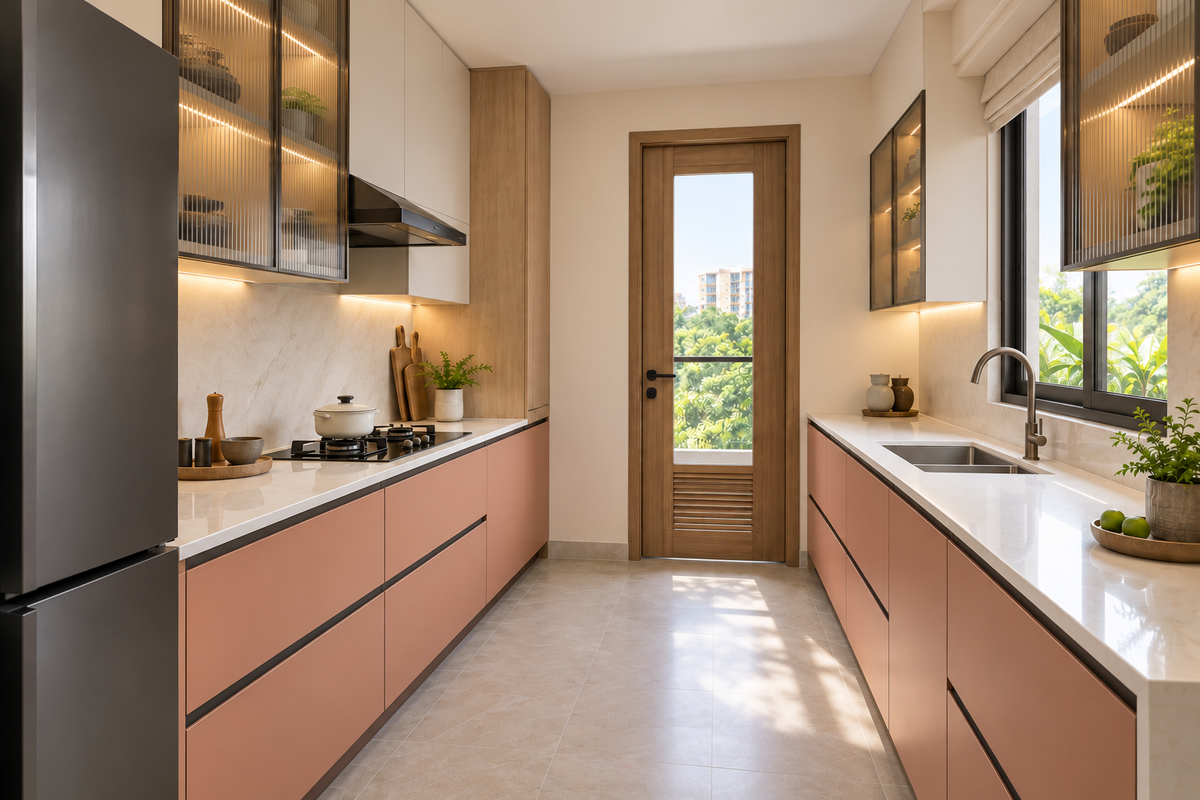 Second view of peach kitchen counters and oak utility door
