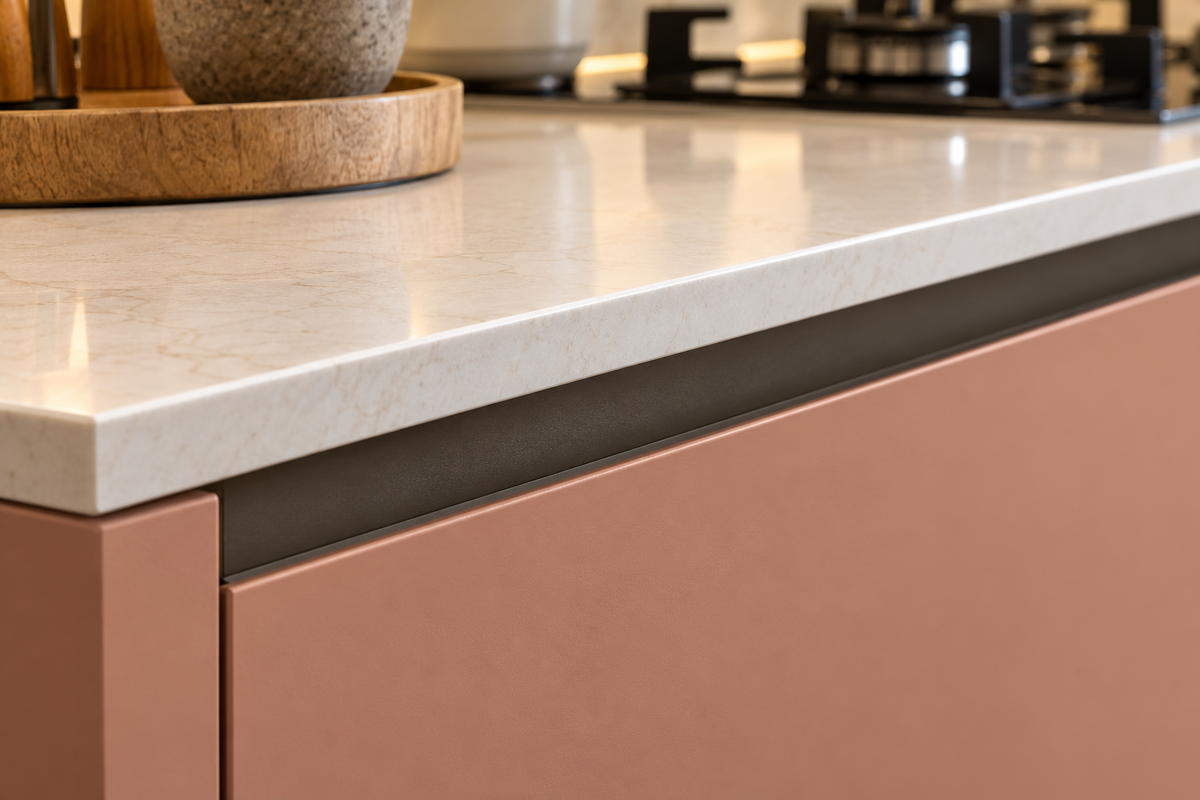 Recessed Gola finger channel above a pastel clay kitchen drawer