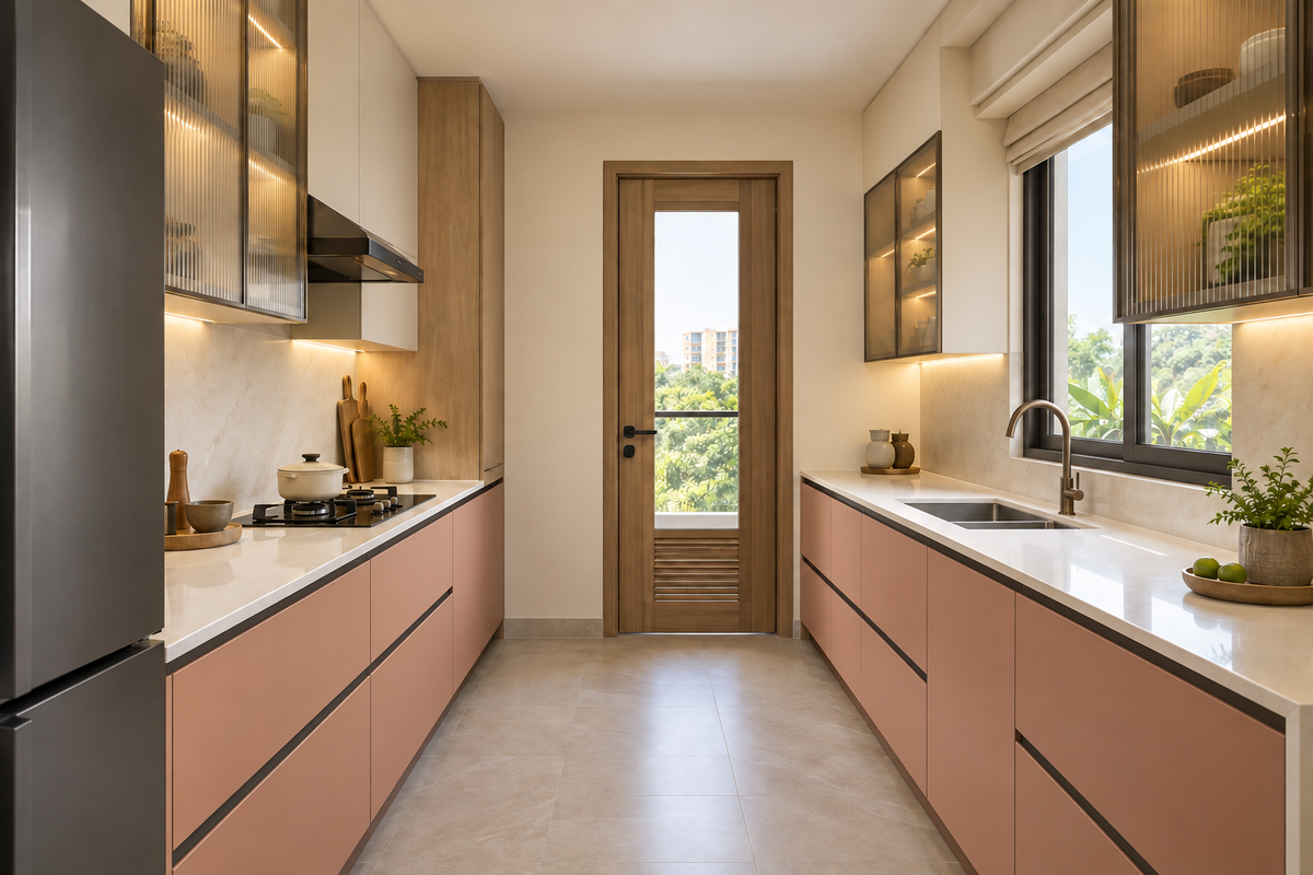 Clay peach parallel kitchen with Gola channels and reeded glass cupboards