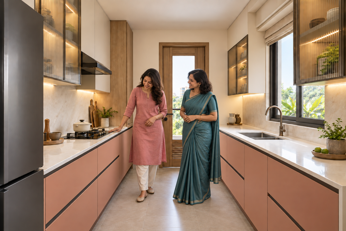 Two smiling Indian women admiring a peach parallel kitchen