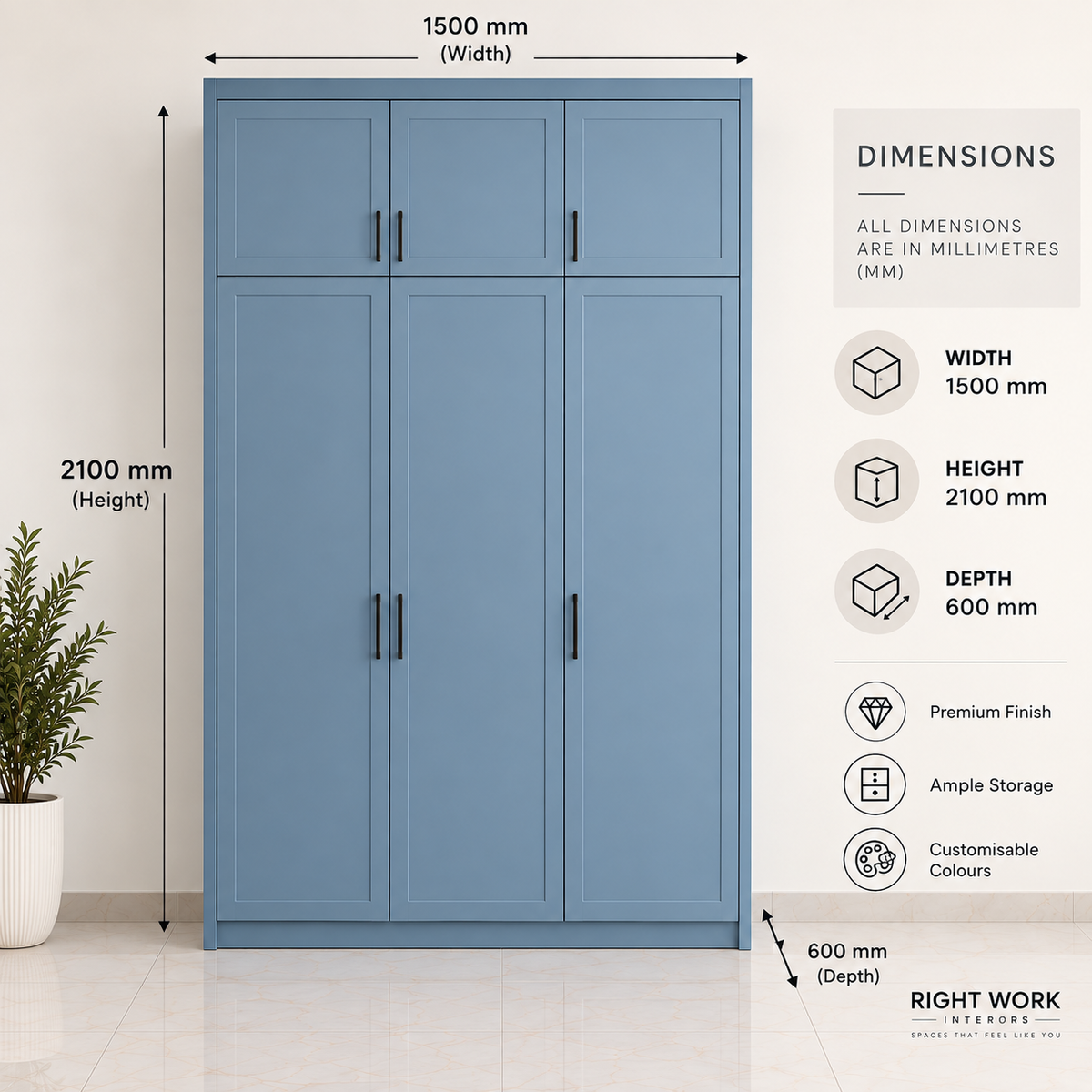 Right Work Dusty Blue 3 door modular wardrobe dimensions 1500 mm width 2100 mm height 600 mm depth