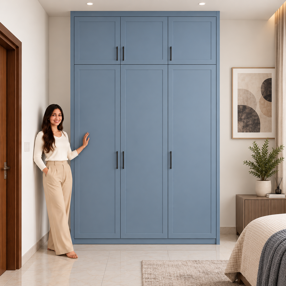 Right Work Dusty Blue 3 door modular wardrobe front view with overhead storage