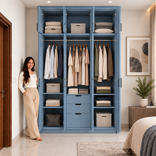 Right Work Dusty Blue 3 door modular wardrobe open interior view with shelves hanging and drawers