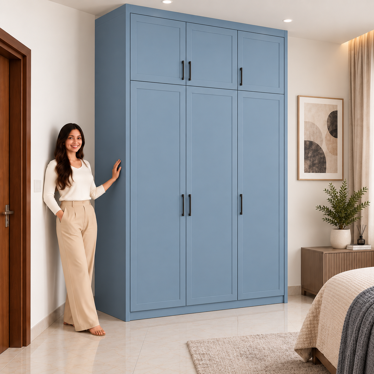 Right Work Dusty Blue 3 door modular wardrobe side angle view